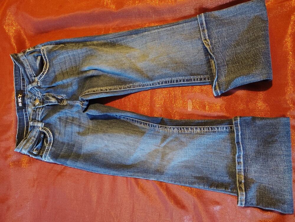 SKY Jeans Girls 9/10 Blue Bootcut Embellished Rhinestone Studded Heart Pockets